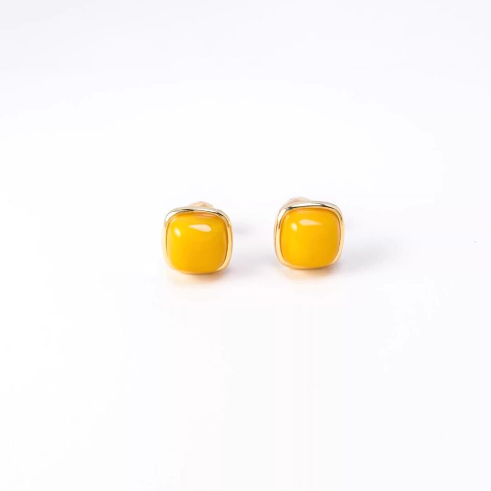 Natural Amber Square Stud Earrings S925 Silver Lightweight Everyday Wear Earrings